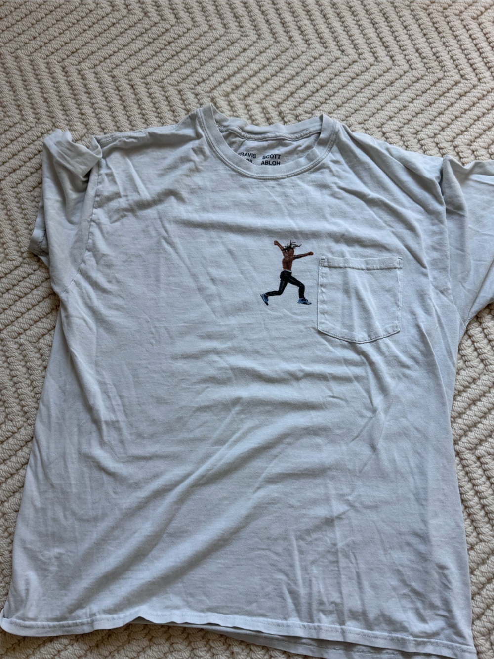 Travis Scott White Crewneck Pocket Tee with Jumping Figure Embroider